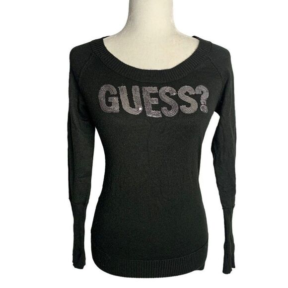 Vintage Guess Sequin Spell Out Sweater L Black Pullover Scoop Neck Ribbed Trim - Picture 1 of 6